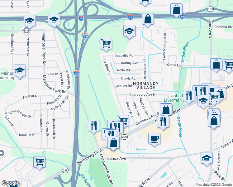 map of restaurants, bars, coffee shops, grocery stores, and more near 7611 Cherbourg Avenue North in Jacksonville