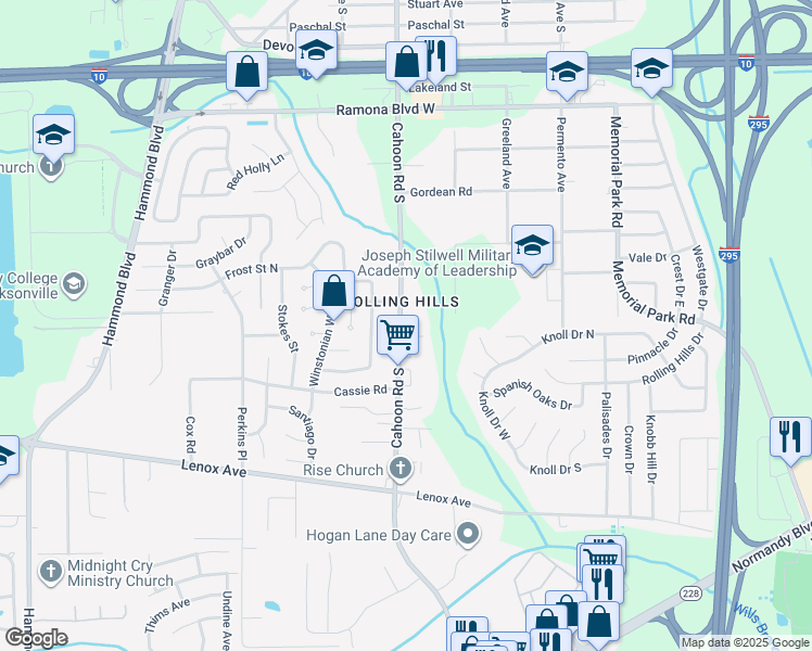 map of restaurants, bars, coffee shops, grocery stores, and more near 1061 Cahoon Road South in Jacksonville