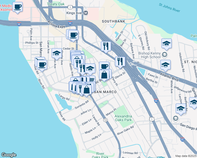 map of restaurants, bars, coffee shops, grocery stores, and more near in Jacksonville