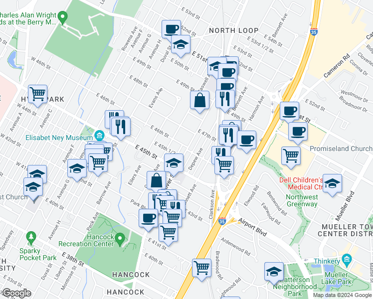 map of restaurants, bars, coffee shops, grocery stores, and more near Red River St & E 46th St in Austin