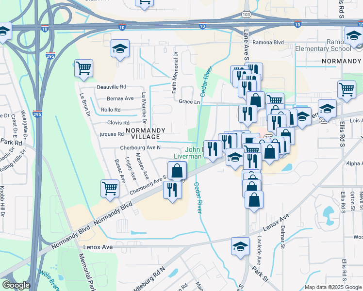 map of restaurants, bars, coffee shops, grocery stores, and more near 6703 North Cherbourg Avenue in Jacksonville