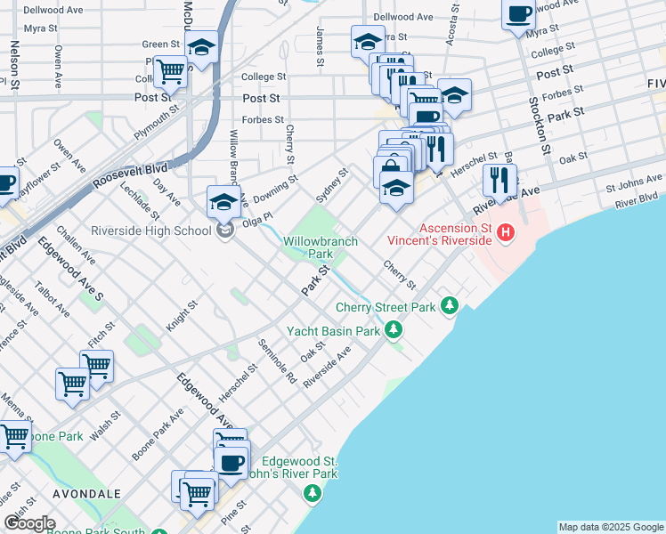 map of restaurants, bars, coffee shops, grocery stores, and more near 2900 Park Street in Jacksonville