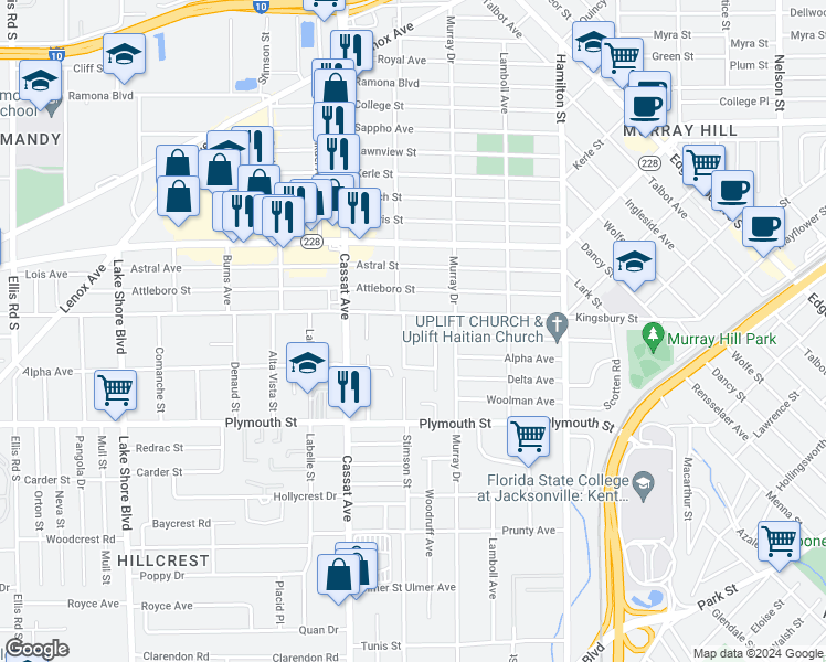 map of restaurants, bars, coffee shops, grocery stores, and more near 1120 Wycoff Avenue in Jacksonville