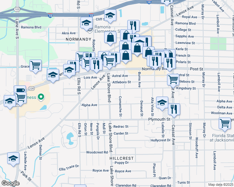 map of restaurants, bars, coffee shops, grocery stores, and more near 1122 Comanche Street in Jacksonville