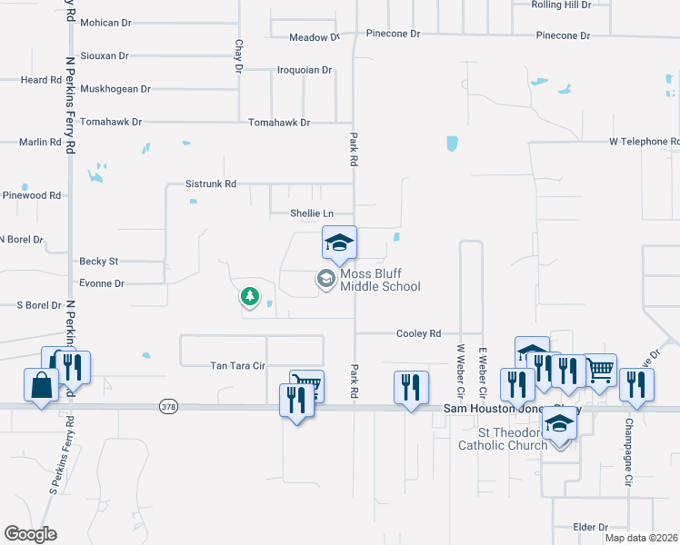 map of restaurants, bars, coffee shops, grocery stores, and more near 215 Recreation Blvd in Lake Charles