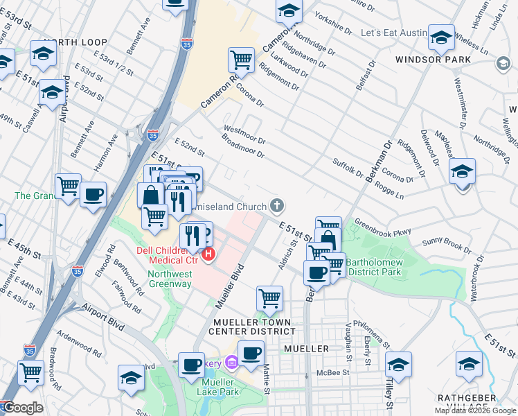 map of restaurants, bars, coffee shops, grocery stores, and more near 1735 East 51st Street in Austin