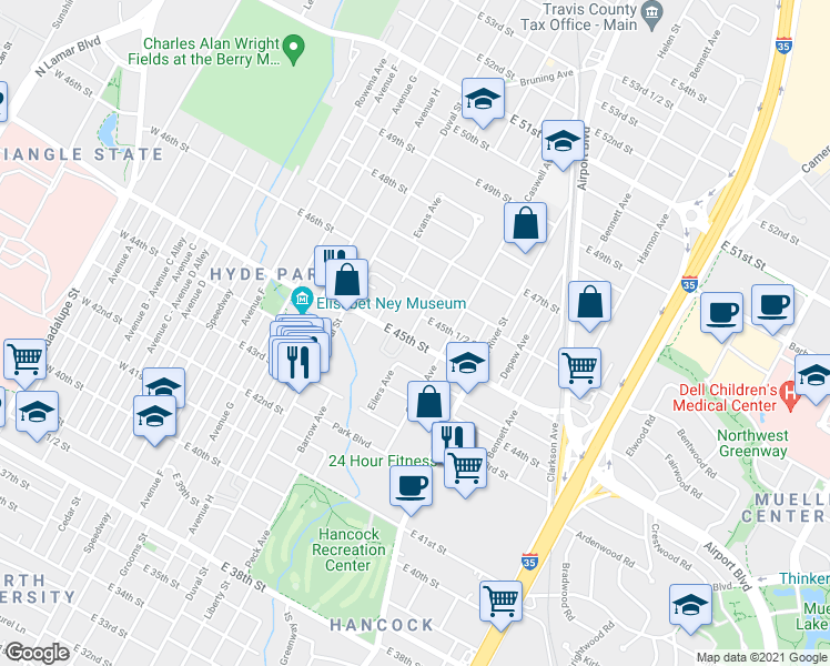 map of restaurants, bars, coffee shops, grocery stores, and more near 700 East 45th Street in Austin