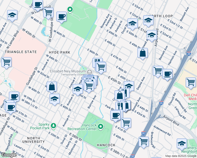 map of restaurants, bars, coffee shops, grocery stores, and more near in Austin