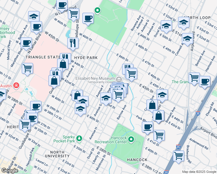 map of restaurants, bars, coffee shops, grocery stores, and more near 4302 Avenue G in Austin