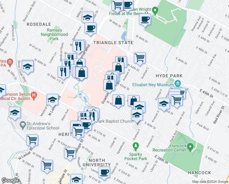 map of restaurants, bars, coffee shops, grocery stores, and more near 511 West 41st Street in Austin