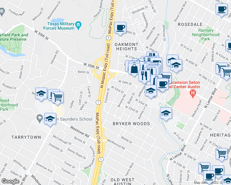 map of restaurants, bars, coffee shops, grocery stores, and more near 3208 Oakmont Boulevard in Austin