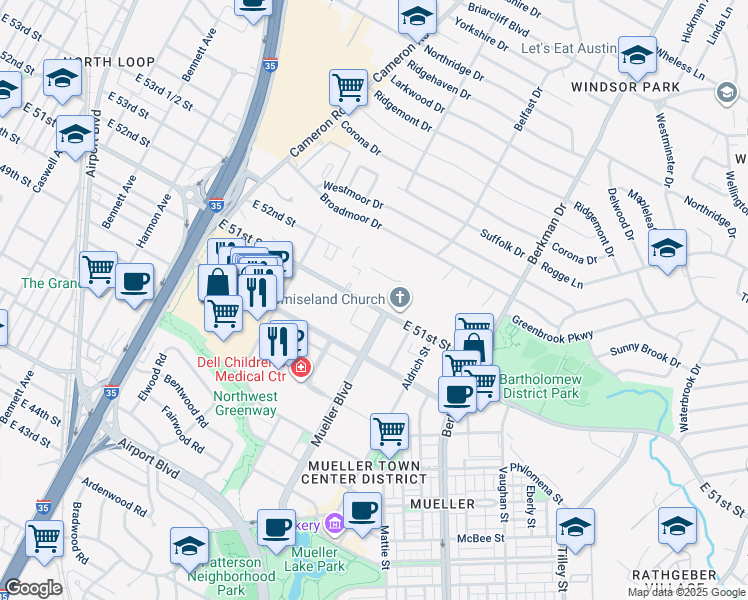map of restaurants, bars, coffee shops, grocery stores, and more near 1735 East 51st Street in Austin