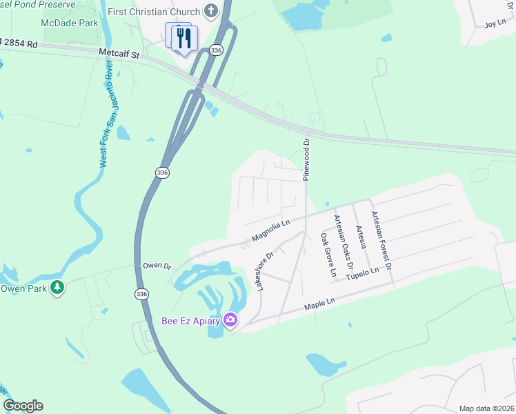 map of restaurants, bars, coffee shops, grocery stores, and more near 319 Broken Pine Court in Conroe