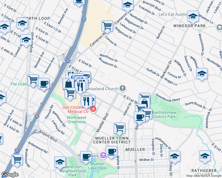 map of restaurants, bars, coffee shops, grocery stores, and more near 1735 East 51st Street in Austin