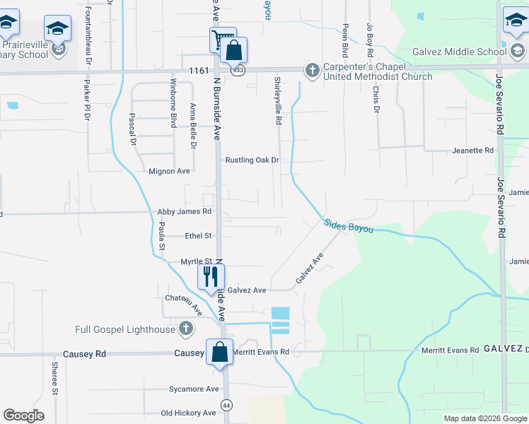 map of restaurants, bars, coffee shops, grocery stores, and more near 13 Agnes Segura Road in Prairieville