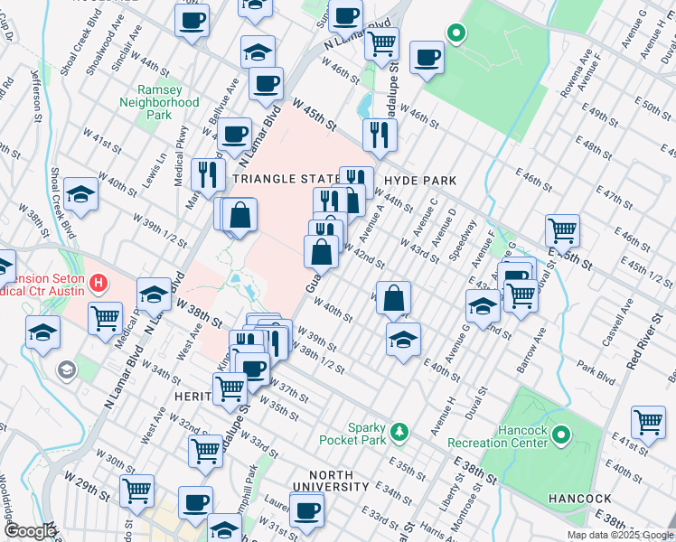 map of restaurants, bars, coffee shops, grocery stores, and more near 4100 Avenue A in Austin