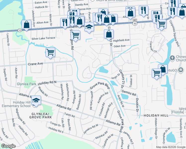 map of restaurants, bars, coffee shops, grocery stores, and more near 7837 Aquarius Circle South in Jacksonville