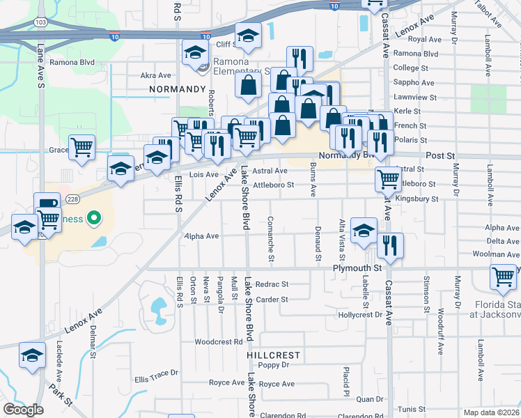 map of restaurants, bars, coffee shops, grocery stores, and more near 1122 Comanche Street in Jacksonville