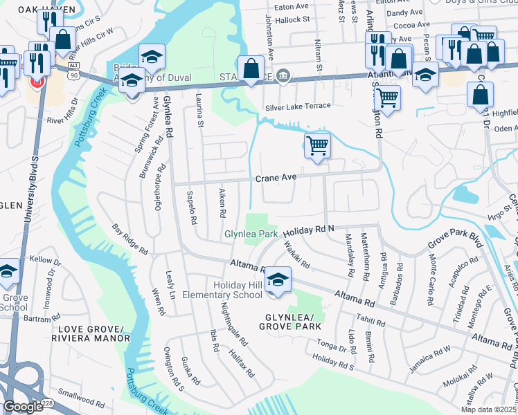 map of restaurants, bars, coffee shops, grocery stores, and more near 446 Tabor Drive West in Jacksonville