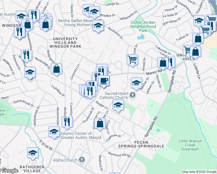 map of restaurants, bars, coffee shops, grocery stores, and more near 2909 Sweeney Lane in Austin