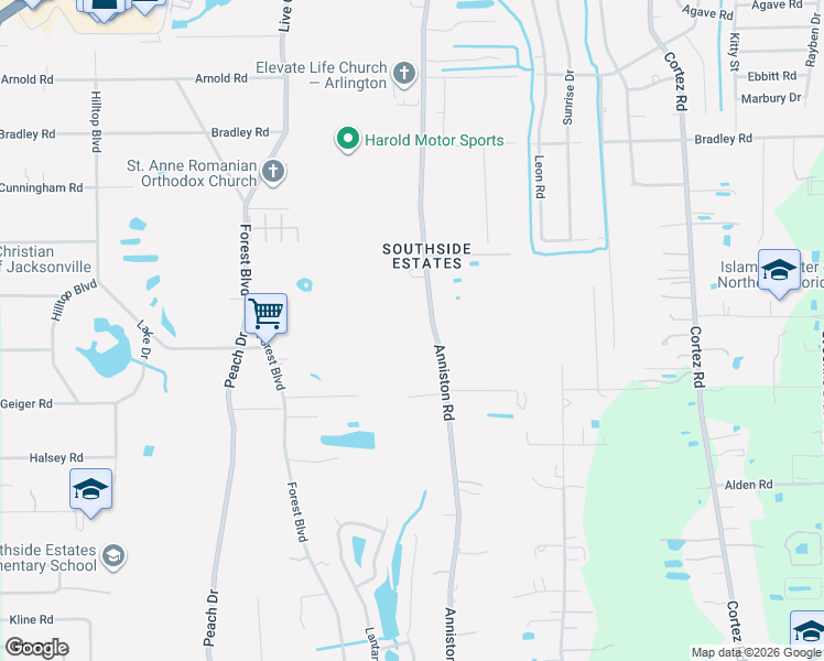 map of restaurants, bars, coffee shops, grocery stores, and more near 2344 Anniston Road in Jacksonville