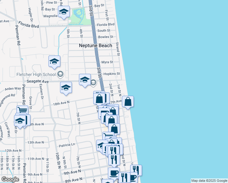 map of restaurants, bars, coffee shops, grocery stores, and more near 201 18th Avenue North in Jacksonville Beach