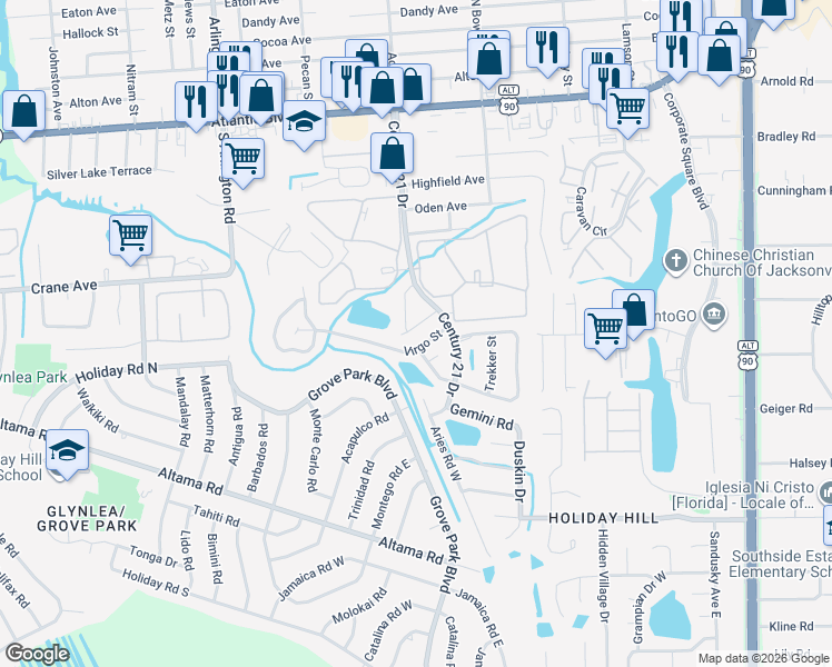map of restaurants, bars, coffee shops, grocery stores, and more near 8153 Virgo Street in Jacksonville