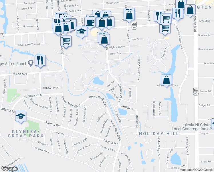 map of restaurants, bars, coffee shops, grocery stores, and more near 8153 Virgo Street in Jacksonville