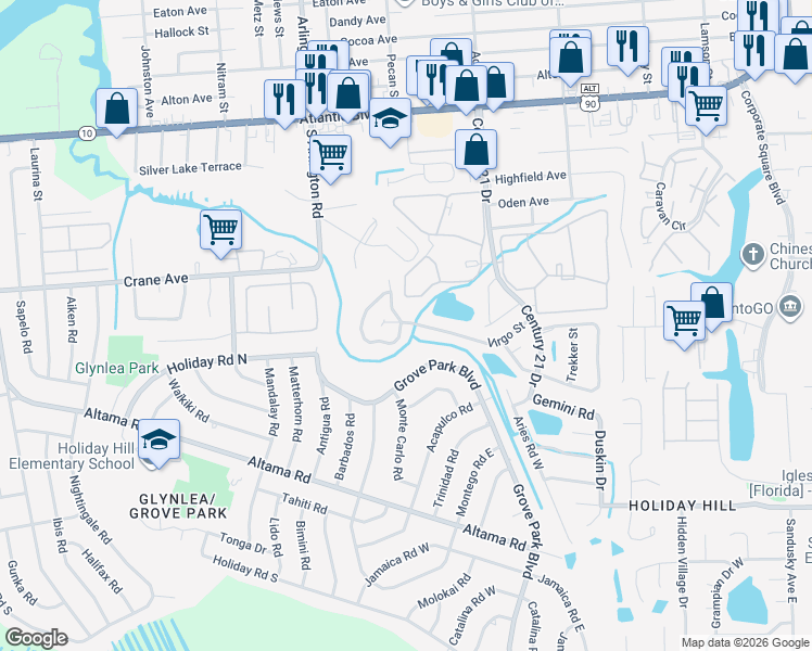 map of restaurants, bars, coffee shops, grocery stores, and more near 7837 Aquarius Circle South in Jacksonville