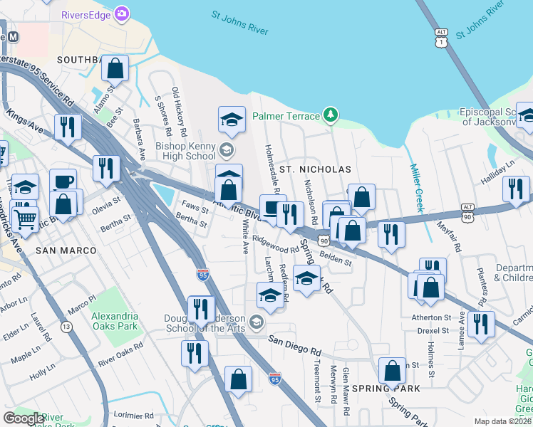 map of restaurants, bars, coffee shops, grocery stores, and more near 2589 Atlantic Boulevard in Jacksonville