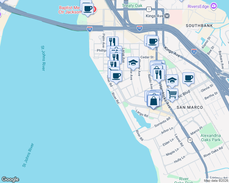 map of restaurants, bars, coffee shops, grocery stores, and more near 1754 San Marco Boulevard in Jacksonville