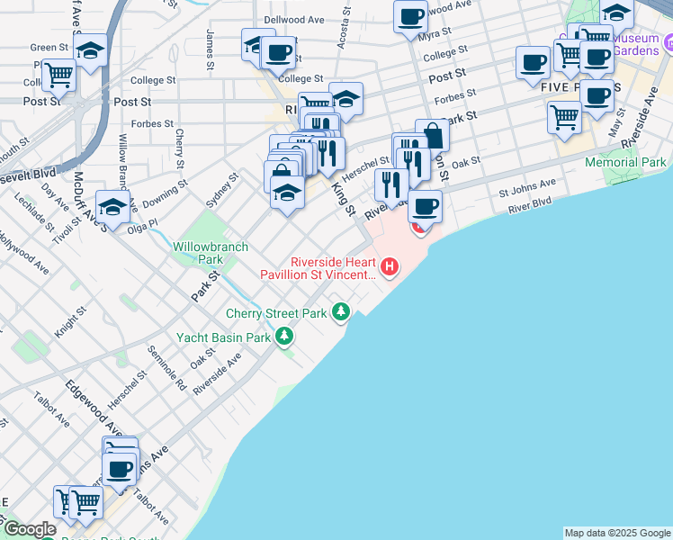 map of restaurants, bars, coffee shops, grocery stores, and more near 1802 Bayard Place in Jacksonville