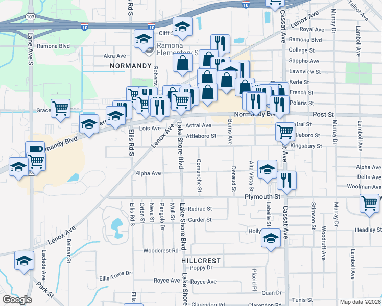 map of restaurants, bars, coffee shops, grocery stores, and more near 1122 Comanche Street in Jacksonville