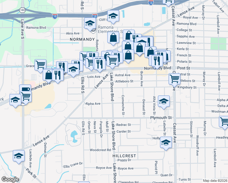 map of restaurants, bars, coffee shops, grocery stores, and more near 1118 Lake Shore Boulevard in Jacksonville