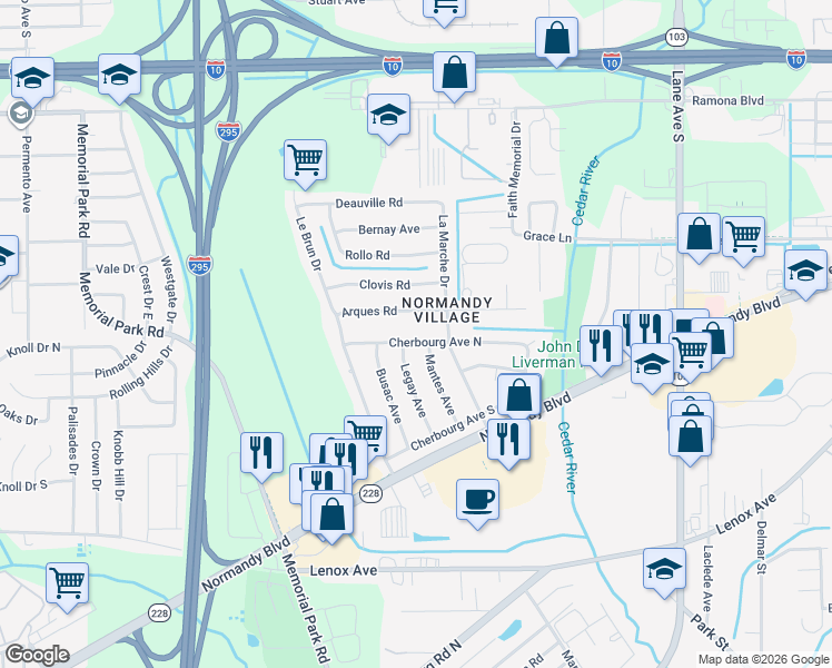 map of restaurants, bars, coffee shops, grocery stores, and more near 6925 Cherbourg Avenue North in Jacksonville