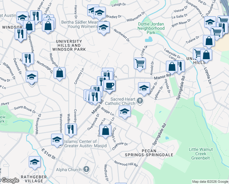 map of restaurants, bars, coffee shops, grocery stores, and more near 2909 Sweeney Lane in Austin