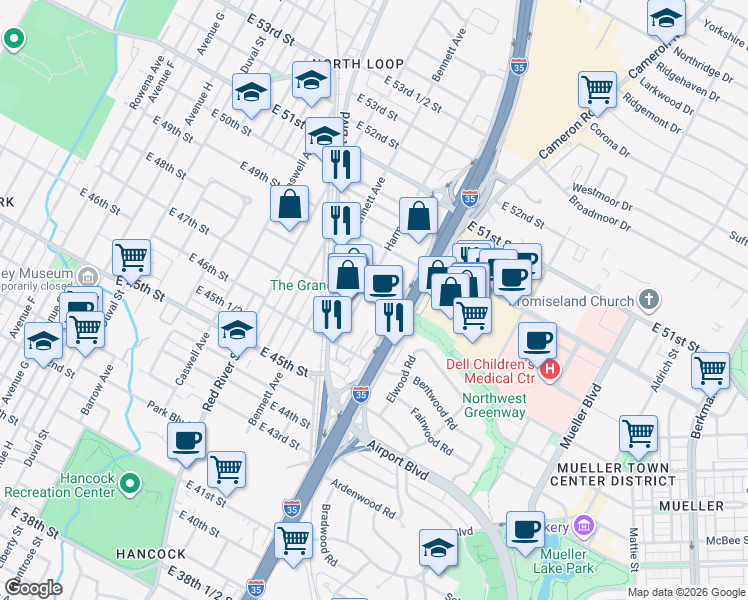 map of restaurants, bars, coffee shops, grocery stores, and more near 4707 Harmon Avenue in Austin