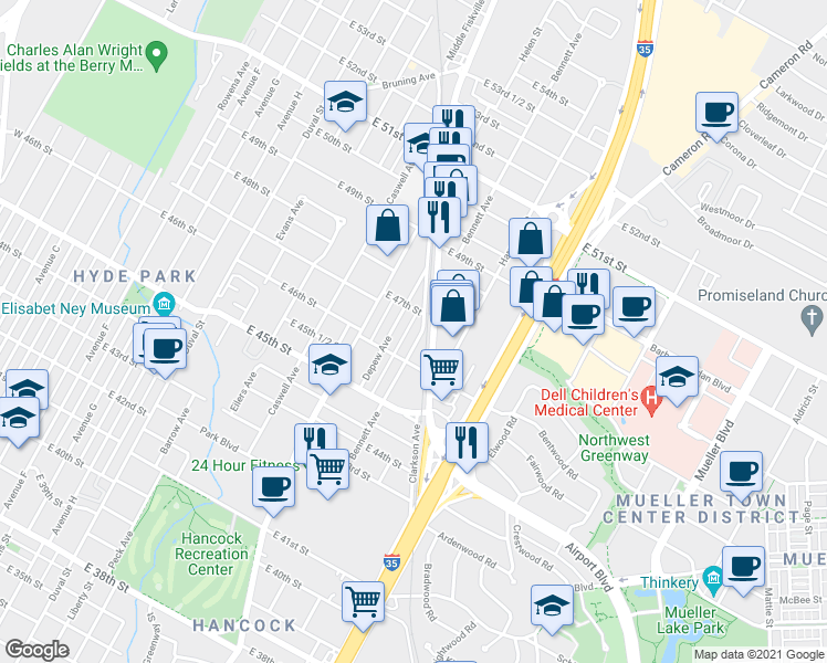 map of restaurants, bars, coffee shops, grocery stores, and more near 4611 Bennett Avenue in Austin