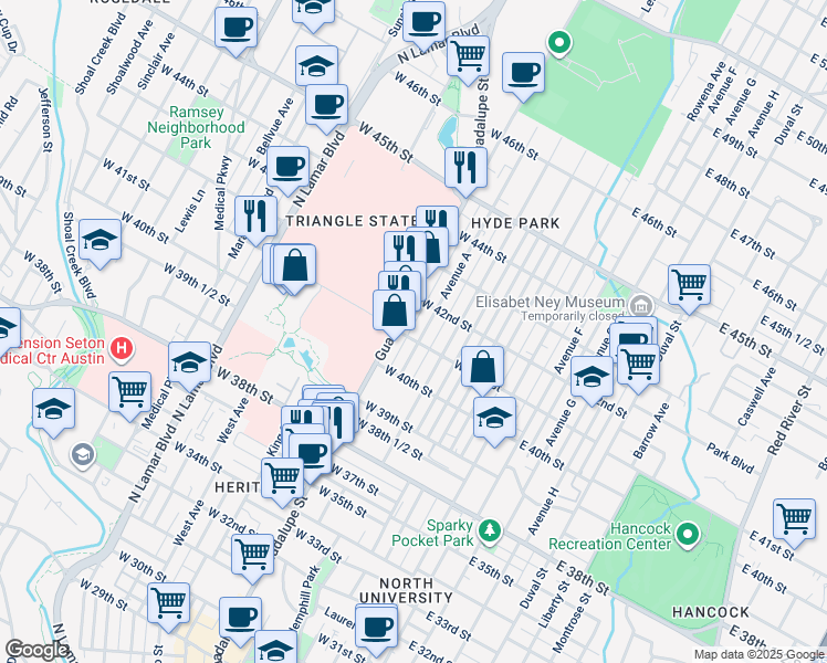 map of restaurants, bars, coffee shops, grocery stores, and more near 511 West 41st Street in Austin