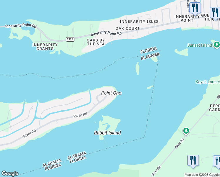 map of restaurants, bars, coffee shops, grocery stores, and more near 33411 River Road in Orange Beach