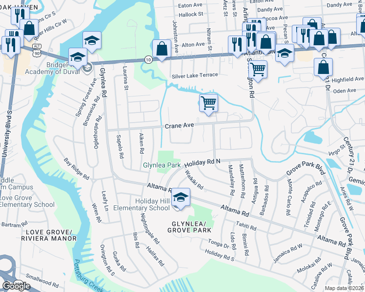 map of restaurants, bars, coffee shops, grocery stores, and more near 480 Tabor Drive South in Jacksonville