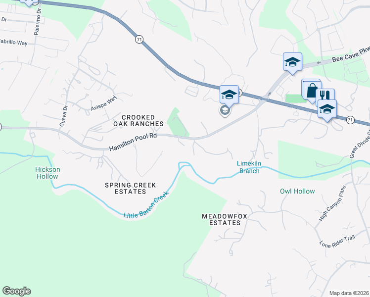 map of restaurants, bars, coffee shops, grocery stores, and more near 14609 Hamilton Pool Road in Austin