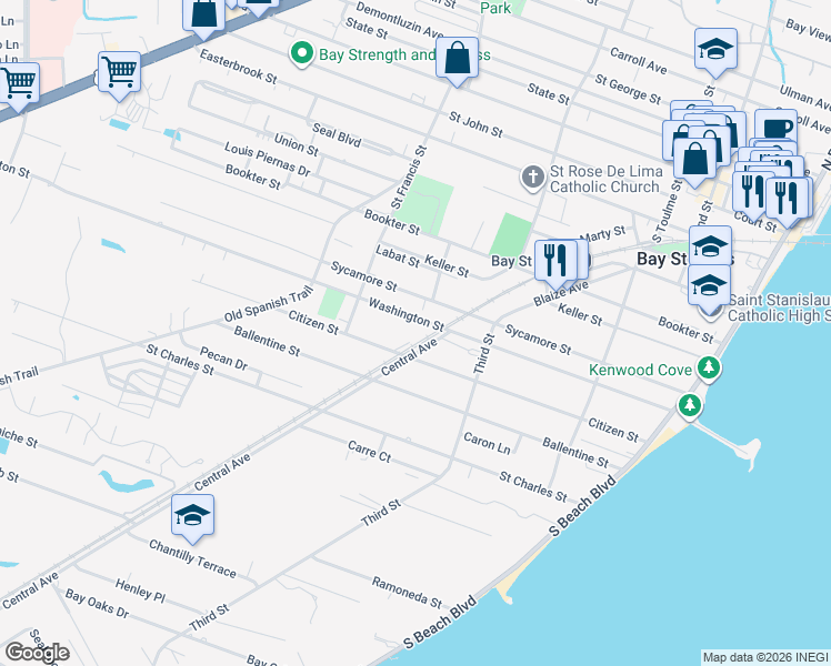 map of restaurants, bars, coffee shops, grocery stores, and more near 110 Central Avenue in Bay St. Louis