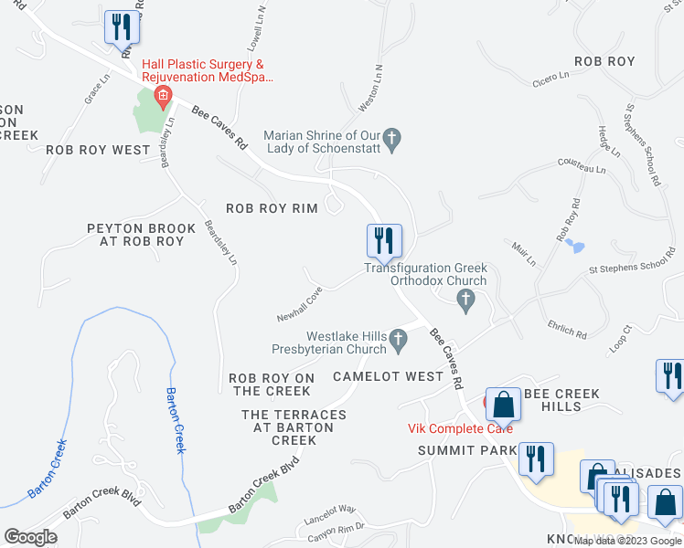 map of restaurants, bars, coffee shops, grocery stores, and more near 7500 Newhall Lane in Austin
