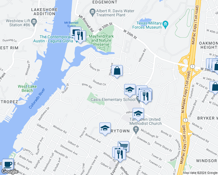map of restaurants, bars, coffee shops, grocery stores, and more near 2703 Pecos Street in Austin