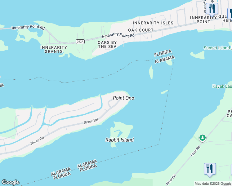 map of restaurants, bars, coffee shops, grocery stores, and more near 33411 River Road in Orange Beach
