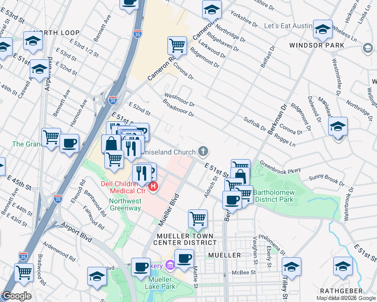 map of restaurants, bars, coffee shops, grocery stores, and more near 1735 East 51st Street in Austin