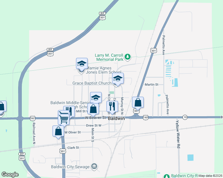 map of restaurants, bars, coffee shops, grocery stores, and more near 398 North Chestnut Street in Baldwin
