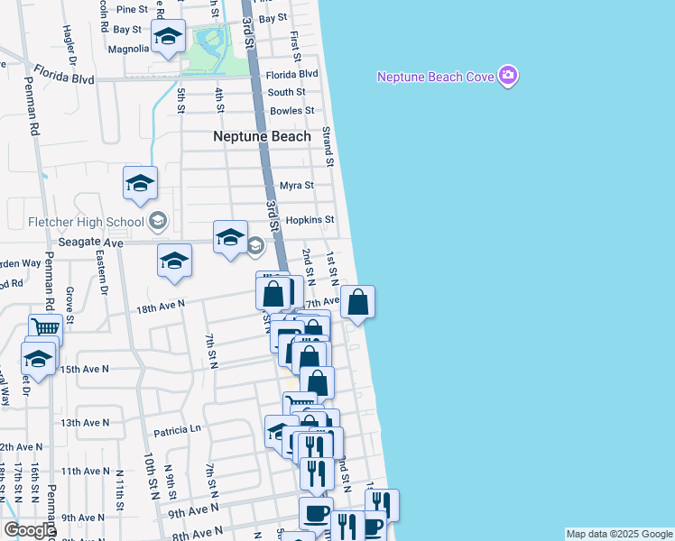 map of restaurants, bars, coffee shops, grocery stores, and more near 102 18th Avenue North in Jacksonville Beach