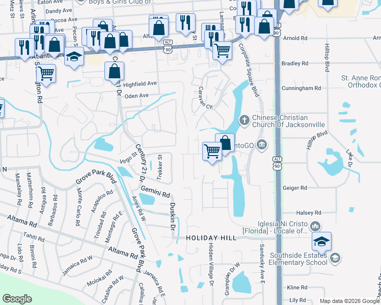map of restaurants, bars, coffee shops, grocery stores, and more near 8810 Corporate Square Ct in Jacksonville